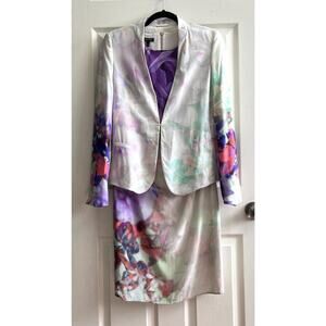 ESCADA Fantasy Floral Watercolor 100% Silk 2Pcs Jacket Sheath Dress Set